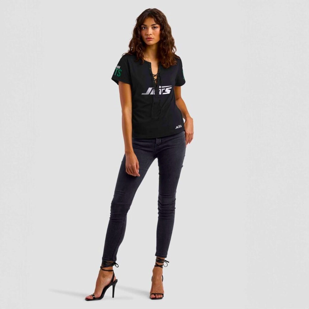 NWT NY Jets WEAR by Erin Andrews/Gracie Hunt, Black Draft Me Lace-Up T-Shirt, S